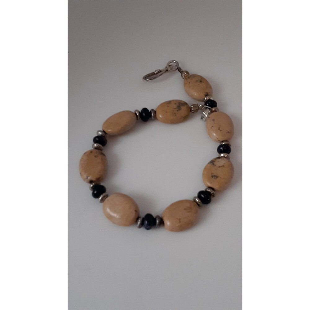 Jasper and black onyx gemstone bead mens bracelet with sterling silver spacer be